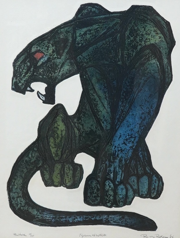 Ru van Rossum (1924-2007), woodblock print in colour, ‘Panther’, signed in pencil and dated '56, limited edition 15/35, 43 x 33cm. Condition - good